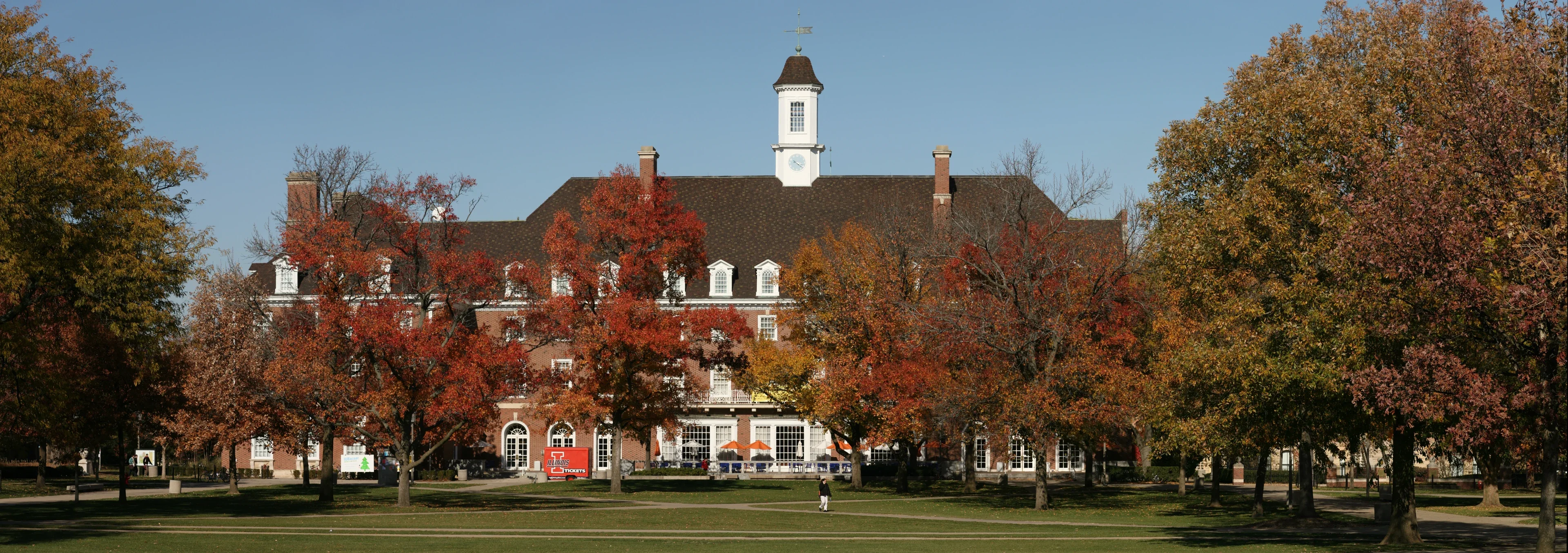 Mature red and amber autumn trees around the Illini Union at the University of Illinois